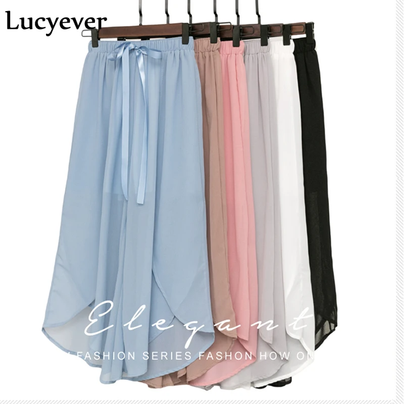 

Lucyever Chiffon Women Pants Fashion Loose Elastic High Waist Korean Wide Leg Pants Harajuku Office Ladies Ankle-Length Pants