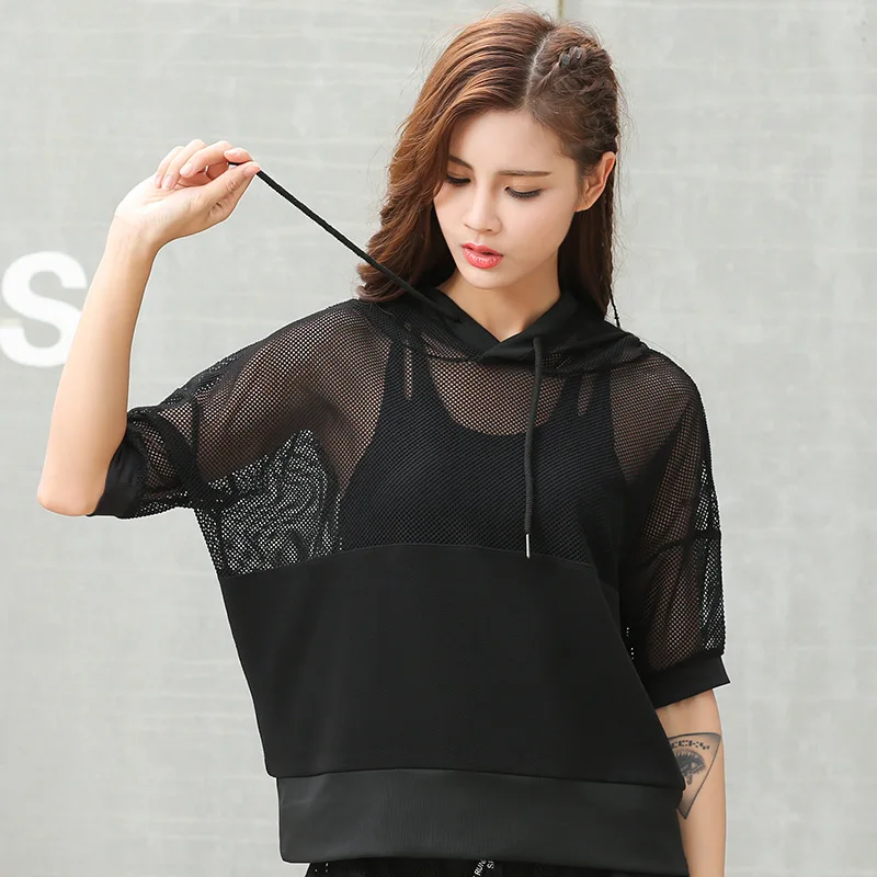 

Yoga Tops Sport Jerseys Loose Mesh Hooded Short Sleeve T-shirts Women T Shirts Sportswear Sports Top Fitness Women Gym Clothing