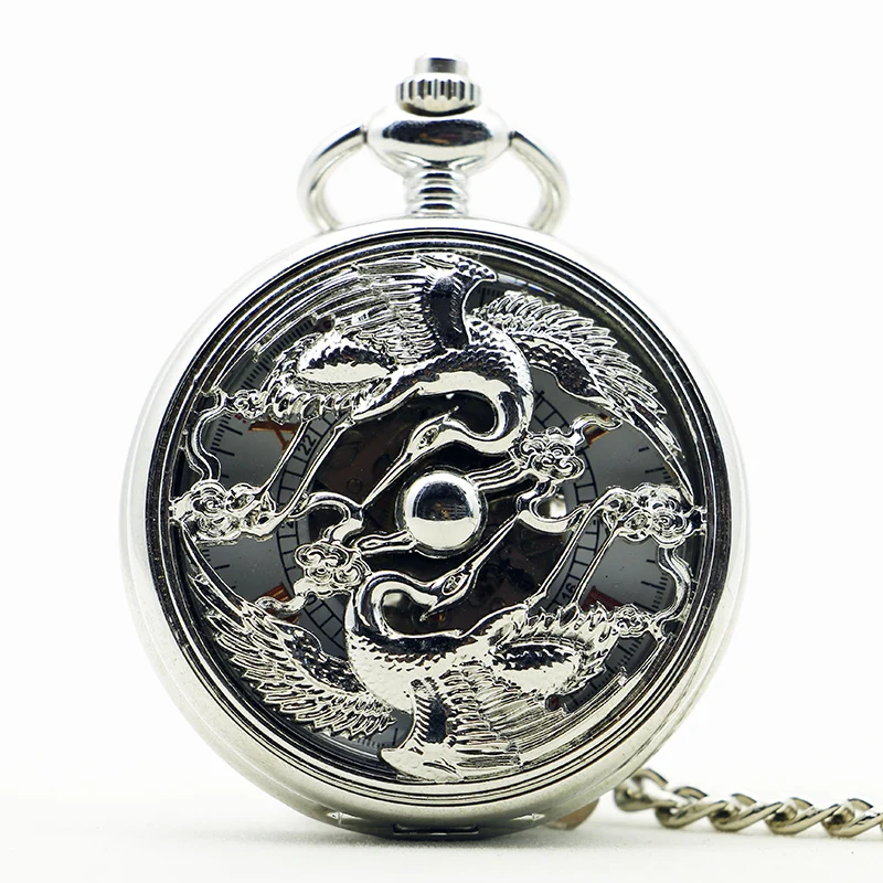 

Fashion Vintage Mechanical Pocket Watch Hollow Double Crane Design White Dial Pendant Clock Hand-winding Watch for Mens PJX1193
