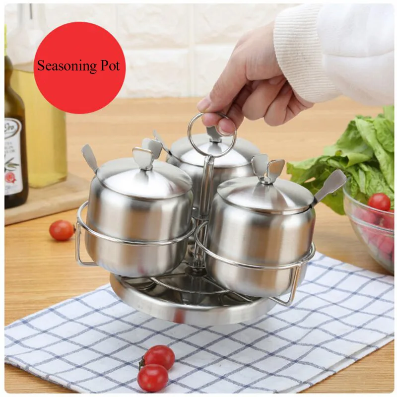 

3pcs/set Rotating Stainless Steel Seasoning Pot Spice Salt Sugar Bowl Pepper Ajinomoto Jar Container with Lid and Spoon