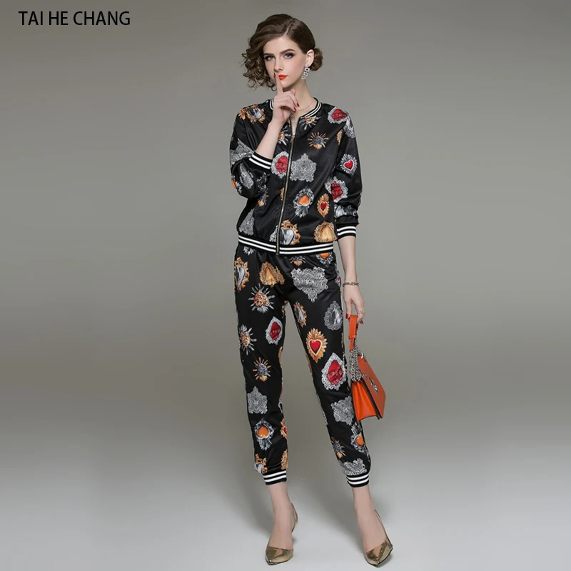 

women new fashion autumn elegant office vintage party runway print short Jackets coat + pants 2 pieces sets