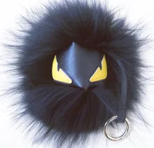 15cm Real fur monster keychain black pom pom fluffy bugs bag charms leather keychains Mini animal Shoulders keychain ring