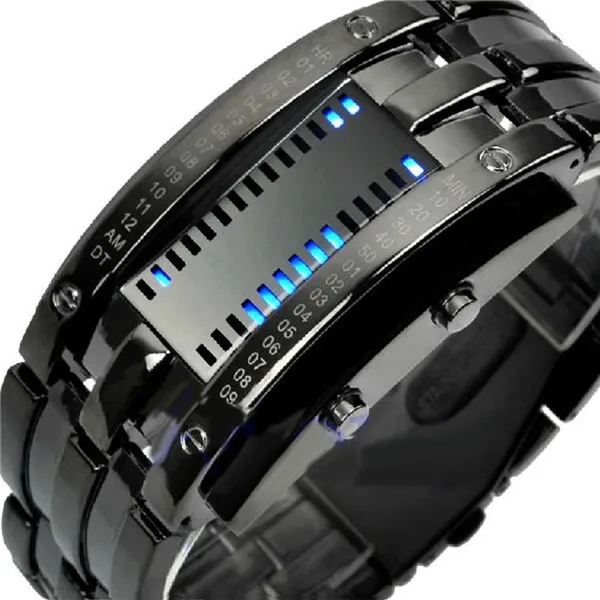 Креативные цифровые часы полностью стальные Бинарные наручные часы для женщин светодиодный электронные спортивные часы водонепроницаемые мужские часы relojes - Цвет: men black blue