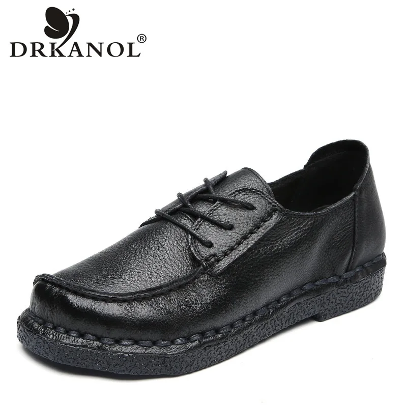 

DRKANOL New Spring Genuine Leather Oxford Shoes For Women Flat Shoes Vintage Handmade Soft Luxury Casual Women Flats Shoes H70-1