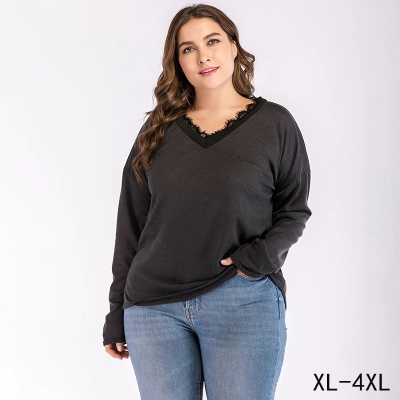 Oversize T Shirt Women Long Sleeve Plus Size V Neck Lace Patchwork T Shirt Big Size Tee Tops 
