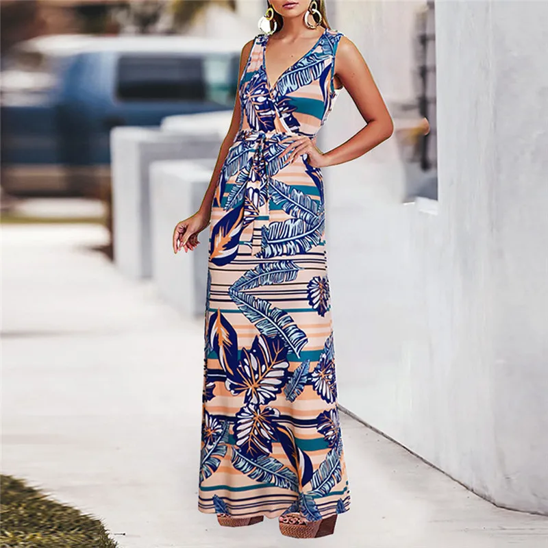 

Summer Dress Women's Sleeveless Ethnic Style V-neck Strap Printed Vest Maxi Dress New V-Neck dress Sundress