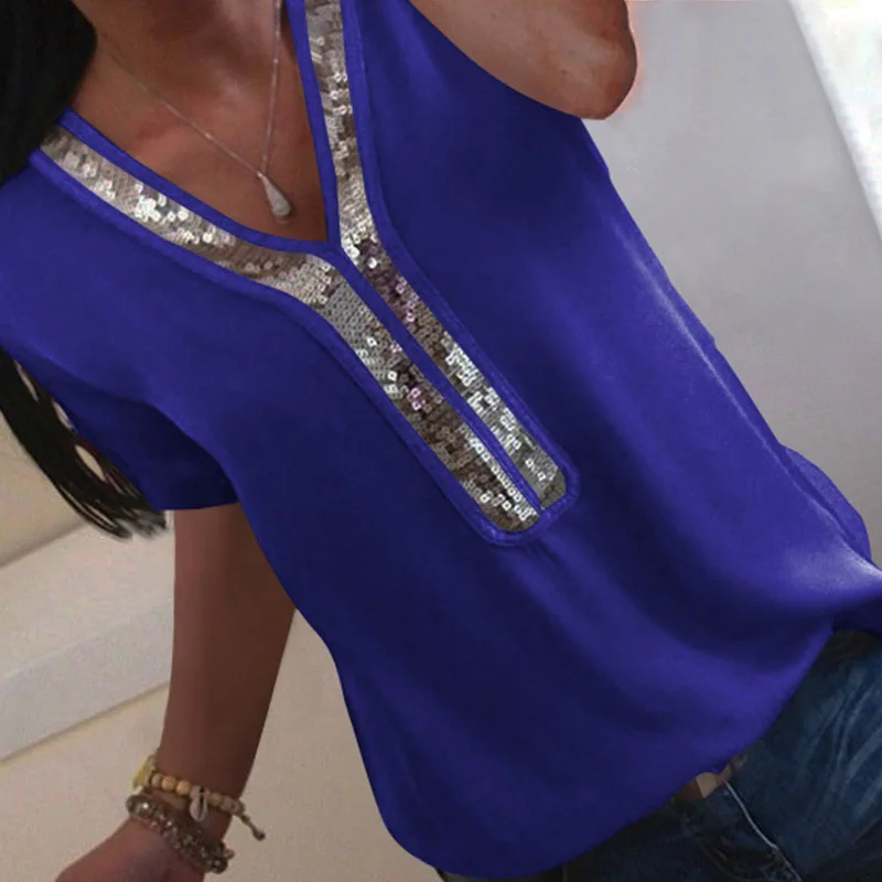 Женская сексуальная шифоновая блузка с v-образным вырезом и блестками, рубашка, весна-лето, элегантные офисные женские блузки, топы размера плюс S-5XL, женская блуза - Цвет: short sleeve blue