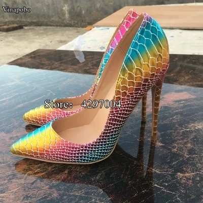 New Pointed Toe Shoes Women Colorful Rainbow Snake Printed Pumps 8/10/12cm High Heels Genuine Leather Stilettos Women Shoes