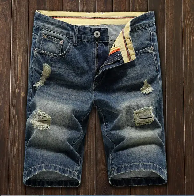Buy summer style 2017 Vintage solid retro denim shorts homme knee length ripped