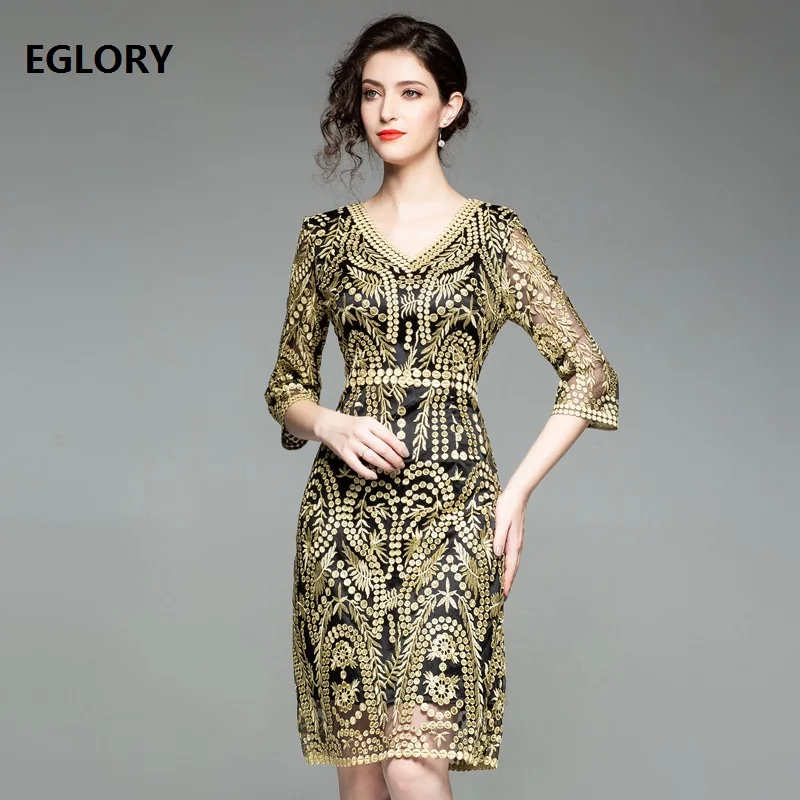 

2018 Autumn Fashion Party Lace Dress High Quality Women Allover Mesh Embroidery 3/4 Sleeve A-Line Vintage Dress Vestidos Festa