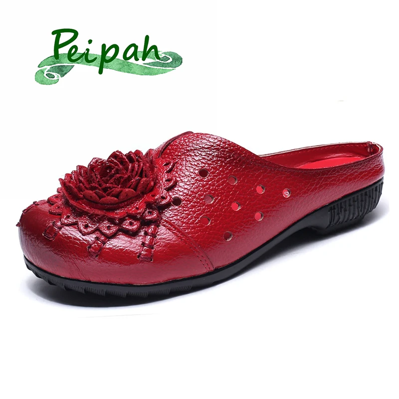 

PEIPAH Handmade Flower Women's Slippers Genuine Leather Flat Sandals Flip Flop Floral Slip On Slides Shoes Woman Sandalias Mujer
