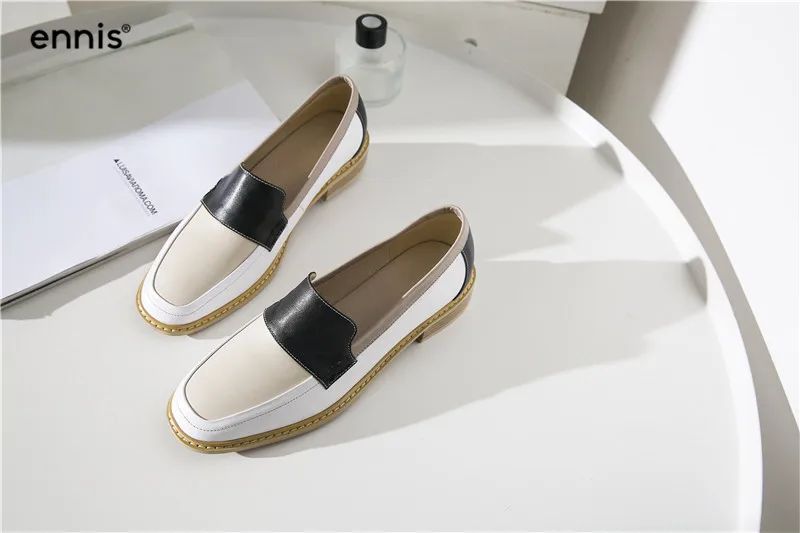 ENNIS Genuine Leather Boat Shoes Women Outdoor Casual Shoes Mixed Color Shoes Black Brown Flat Loafers Autumn Spring C9108