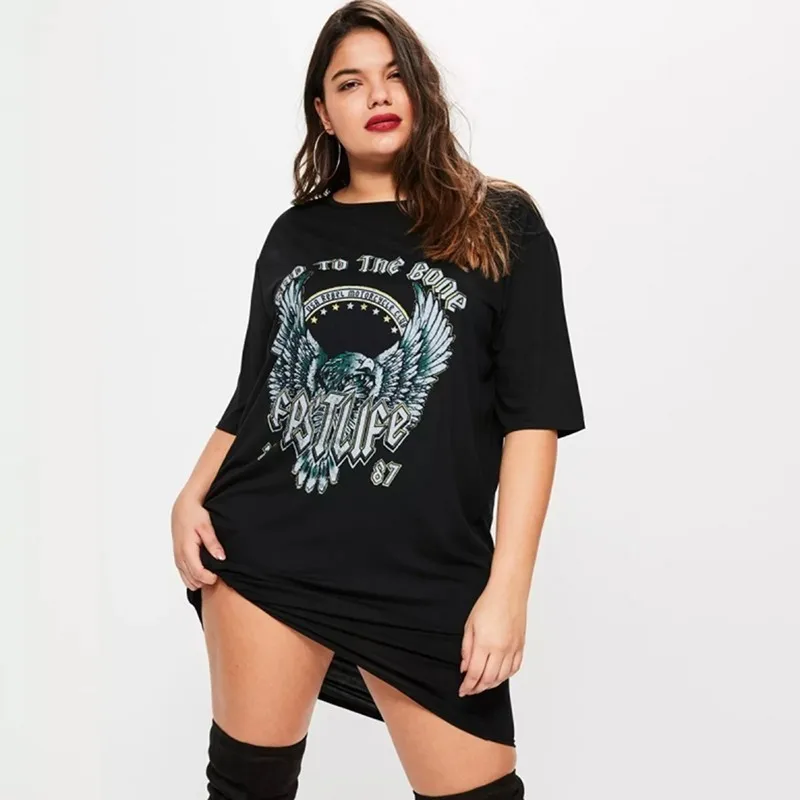 HDY Haoduoyi Women Plus Larfe Size Eagle Letter Print T-shirt Dress Punk Rock Black Casual Loose Cotton Party Shirt Dress - Цвет: Черный