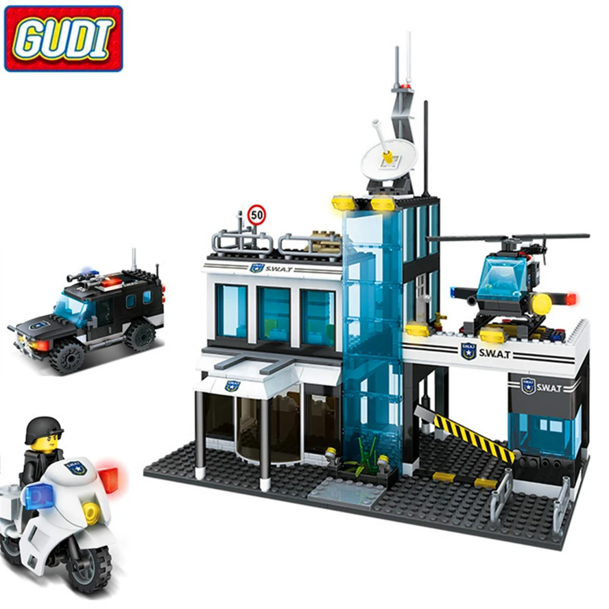 

GUDI 9413 566Pcs SWAT Police Station Command Center Helicopter Building Blocks Brick Compatible Technic Playmobil Toys