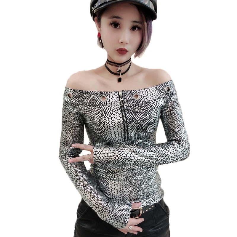 

Korean Sexy Slash Neck Tshirt Zipper Leopard Print Snakeskin Hollow Out New Spring Autumn Women Long Sleeve T Shirts Tops T93406