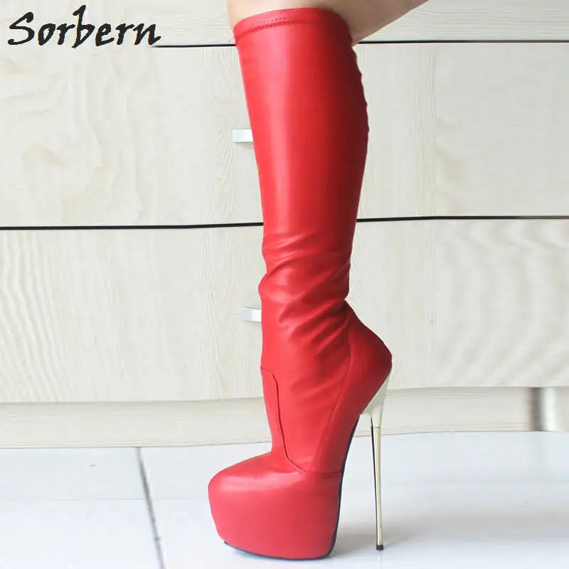 Sorbern/женские сапоги на очень высоком каблуке 22 см; большие размеры 36-46; сапоги до колена на толстой платформе с металлическим золотым каблуком; пикантная женская обувь - Цвет: Red Matt