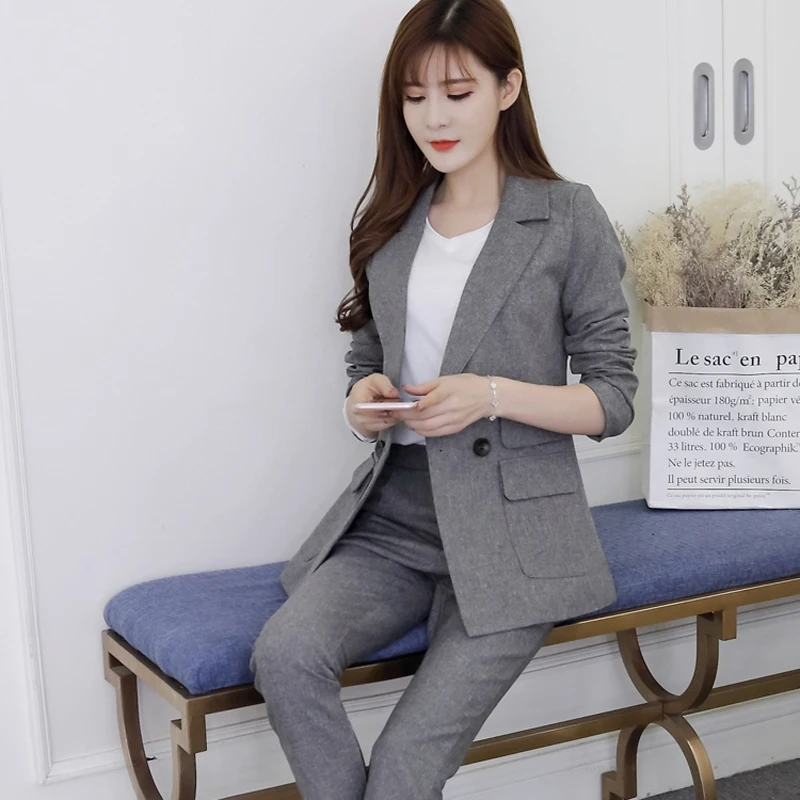 

2018 Two Pieces OL Set Notched One Button Jacket and Long Pant Suits Women Business Jackets and Blazers Casual Outfits feminino