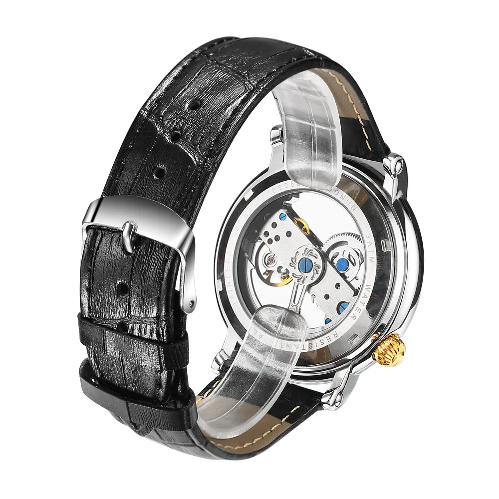 luxury mechanical watch cheap Luxury Brand WOONUN Leather Strap Transparent Dial Golden Case Mens Watches Automatic Mechanical Orologio Men mechanical watch movement