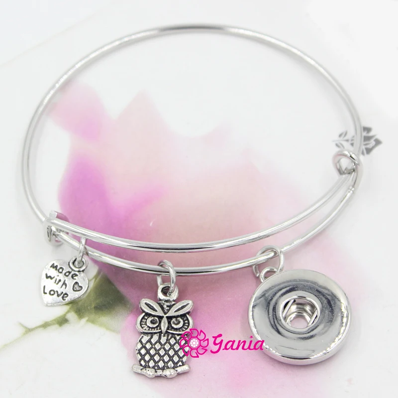

10PCS Wholesale Interchangeable Jewelry Made with Love Heart Charm Animal Owl Adjustable Wire Bracelets For Snap Jewelry