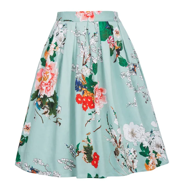 Rose Floral Print Cotton Skirt Summer Women Knee Length