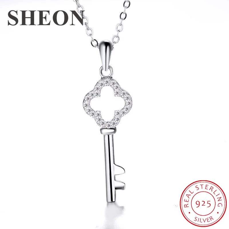 

SHEON Dazzling Key Necklace 100% 925 Sterling Silver Pave Cubic Zirconia Key Necklaces & Pendants For Women Fashion Jewelry Gift