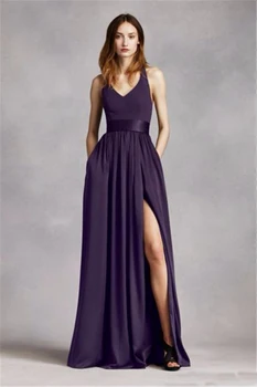 

2019 Hot Sale Cheap A Line Chiffon Long Bridesmaid Dresses Beach With Sash V-Neck High-Side Split Formal Party Gown