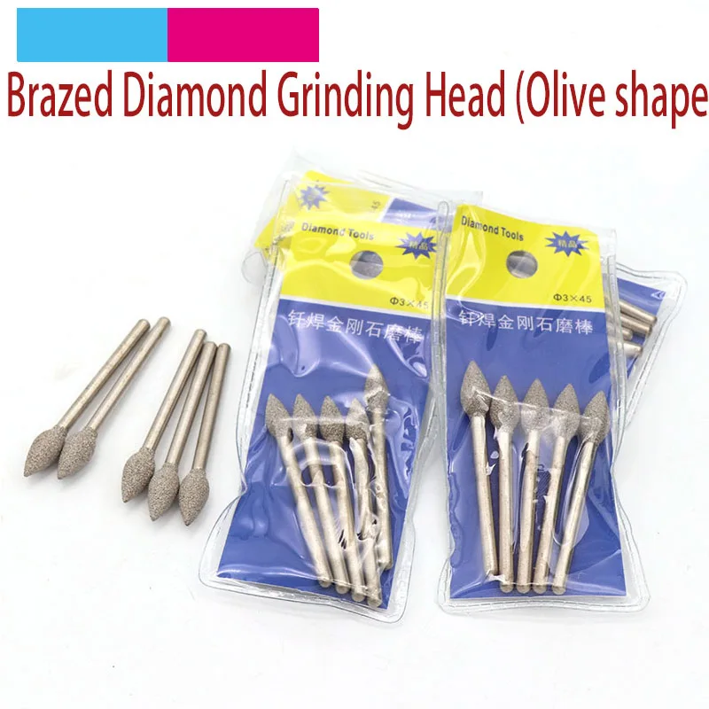 

5pcs 3mm Shank Olive Shape Brazed Diamond Grinding Head Burrs Carving Peeling Bits T For Jade Stone Glass Metal Ceramic Mill