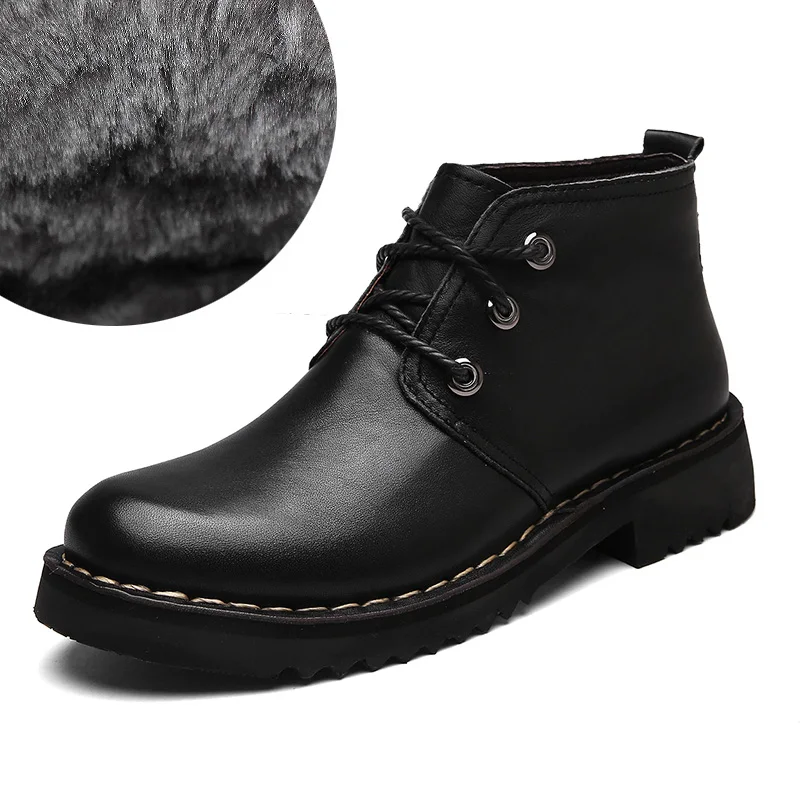 NINYOO/Для мужчин рабочие ботинки Ботильоны из натуральной кожи в байкерском стиле зимние сапоги Водонепроницаемый на открытом воздухе ковбойские ботинки martin размера плюс, 49, 50 - Цвет: plush lining black