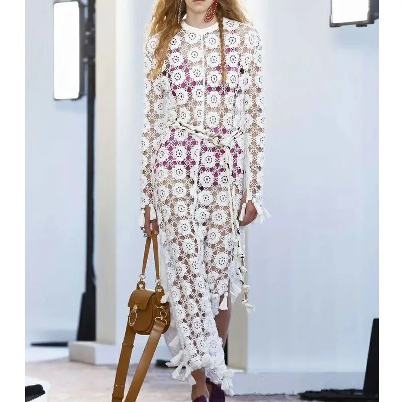 

GETSRING Women Dresses Tassel Lace Up White Lace Dress Hollow Out Sexy Dress Temperament Long Sleeve Slim Long Dress 2019 Spring