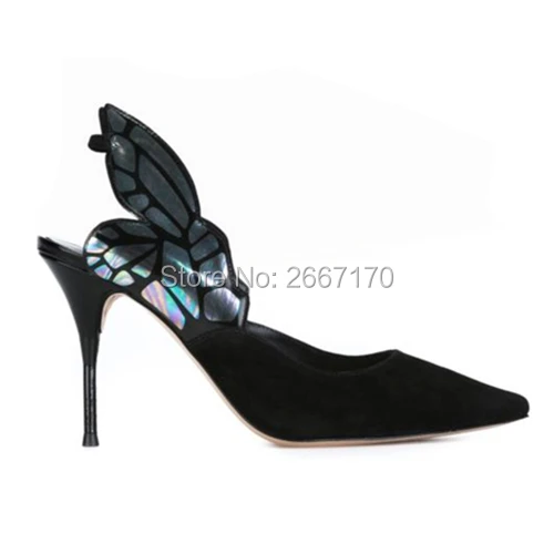 

Black White Pink Fashion Pumps Patchwork Fretwork Butterfly Wings Party Shoes Woman Pointed Toe Slingbacks Stiletto High Heels