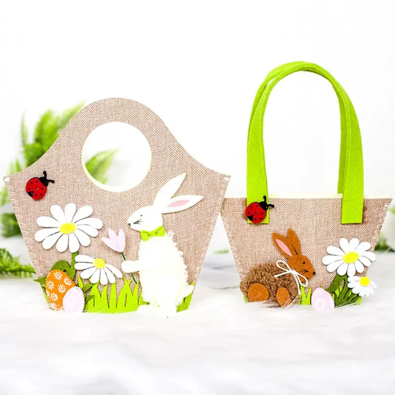 cheap Nordic Style Vintage Easter Handbag Colorful Non Woven Felt Rabbit Egg Ladybird Applique Patch Gift Candy Storage Tote Bag