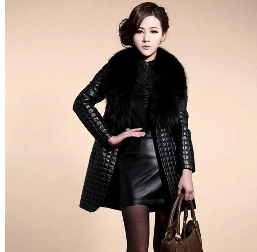 

Womens Large Size Casual Pu Leather Overcoats Long Section Fur Collar Leather Jackets Female Leather Coats Jaqueta De Couro K492
