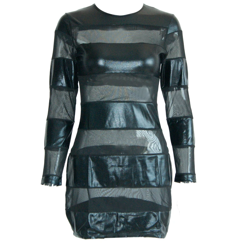 Sexy Women Wet look PVC Mesh Insert Bodycon Clubwear New Fashion Black Long Sleeve Vinyl Leather Dress Vestidos Kleid Robe Femme