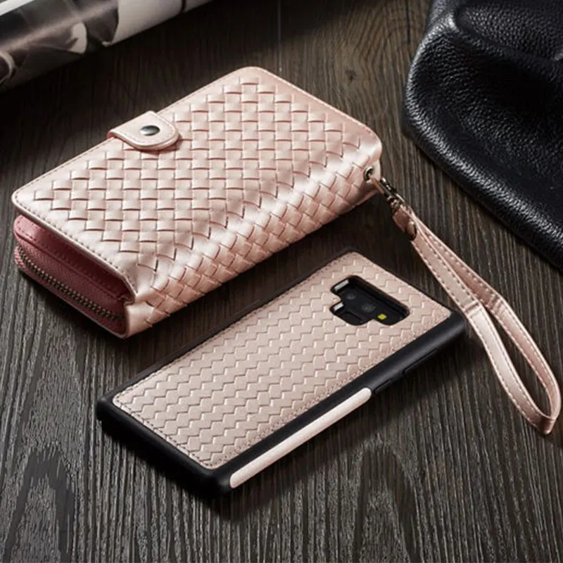 

Luxury Weave Leather Wallet Case For Samsung Galaxy Note 9 case 2 In 1 Multifunction Zipper Lady Handbag For Capa Samsung Note 9