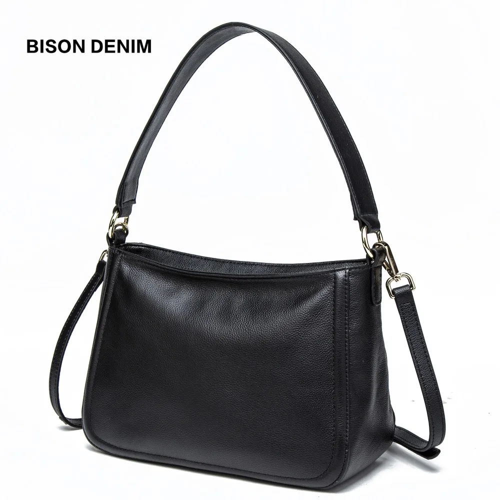 

BISON DENIM Leather Women Handbag Black Cowhide Female Shoulder Bag Famous Fashion Brand Ladies Totes Women Messenger Bag N1485