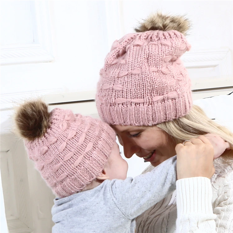 Autumn Winter Family Hat Mother and Kid Child Baby Warm Hat Knitted Crochet Baby and Mom Family Match Hat Caps Faux Fur Pompoms