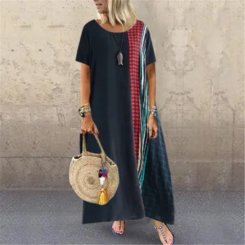 

Women Summer Lot Dress Cotton Linen Round -ends Short -cuts Lots Printing Plaid Stripes Party Maxi Dress Summer Dress 2019