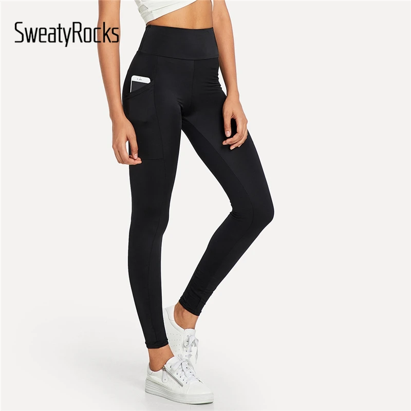 

SweatyRocks Black Elastic Waist Pocket Leggings High Waist Workout Womens Fashion Leggings 2018 Autumn Activewear Fitness Pants