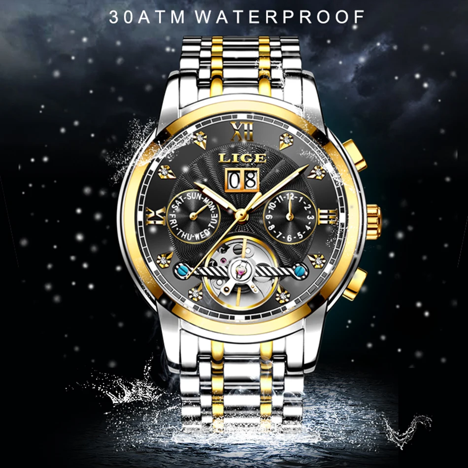 Marca lige masculino relógio automático mecânico tourbillon