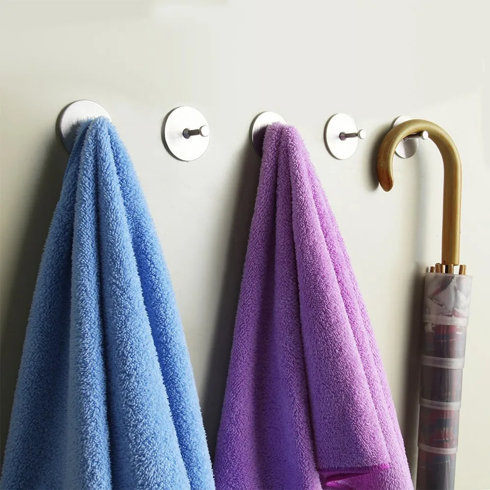 

4Pc/Set Stainless Steel Circle Based Straight Hooks Bath Towel Robe Sundries Brushed Hook Kitchen Self-Adhesive Seamless Hook