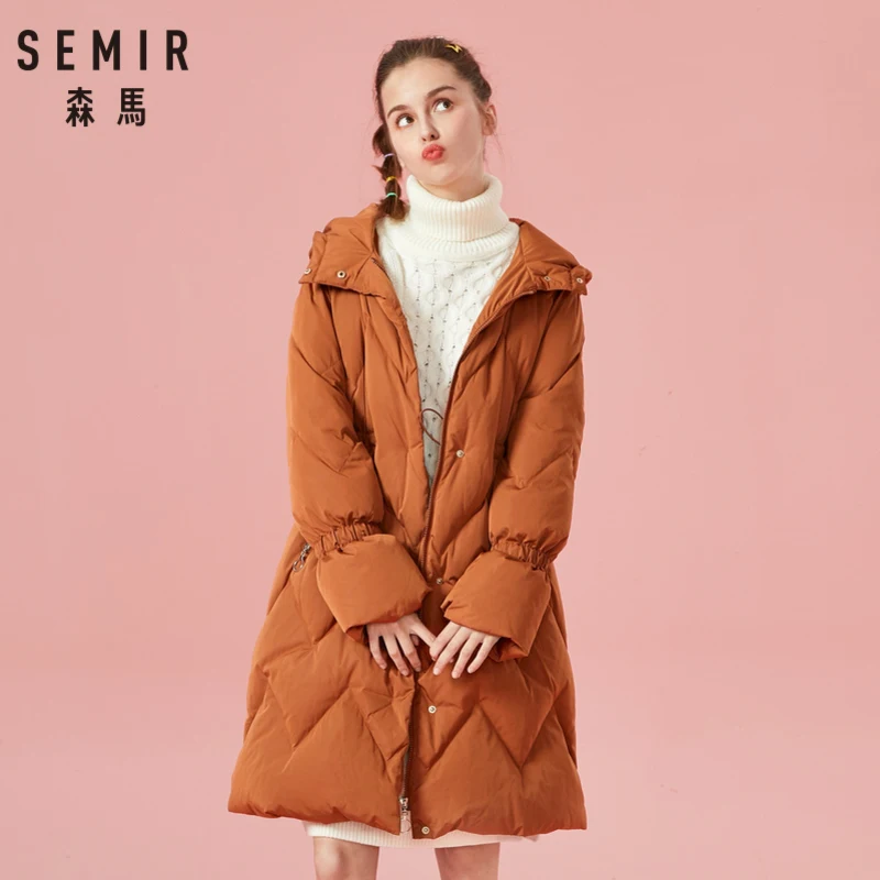 

SEMIR Women Quilted Long Down Hooded Coat with Zip Pocket Zip&Snap Closure Down Filling Puffer Coat Hidden Drawstring at Waist