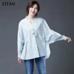 [XITAO] 2019 весна лето женская Европейская мода v-образный вырез с длинным рукавом Свободная рубашка женская однотонная Кнопка Сплит блузка WBB1190