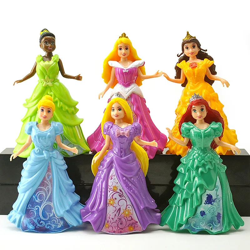 

6pcs/lot 12cm Princess Play Set Ariel Belle Aurora PVC Action Figure Toys Doll Dress Clothes Changeable Anime Brinquedos Kid Toy