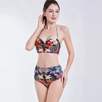 

1845 Floral Print Bikini Set Women Swimsuit Bathing Suit Push Up Swimwear Bandage High Waist Halter Biquini Beach large Size