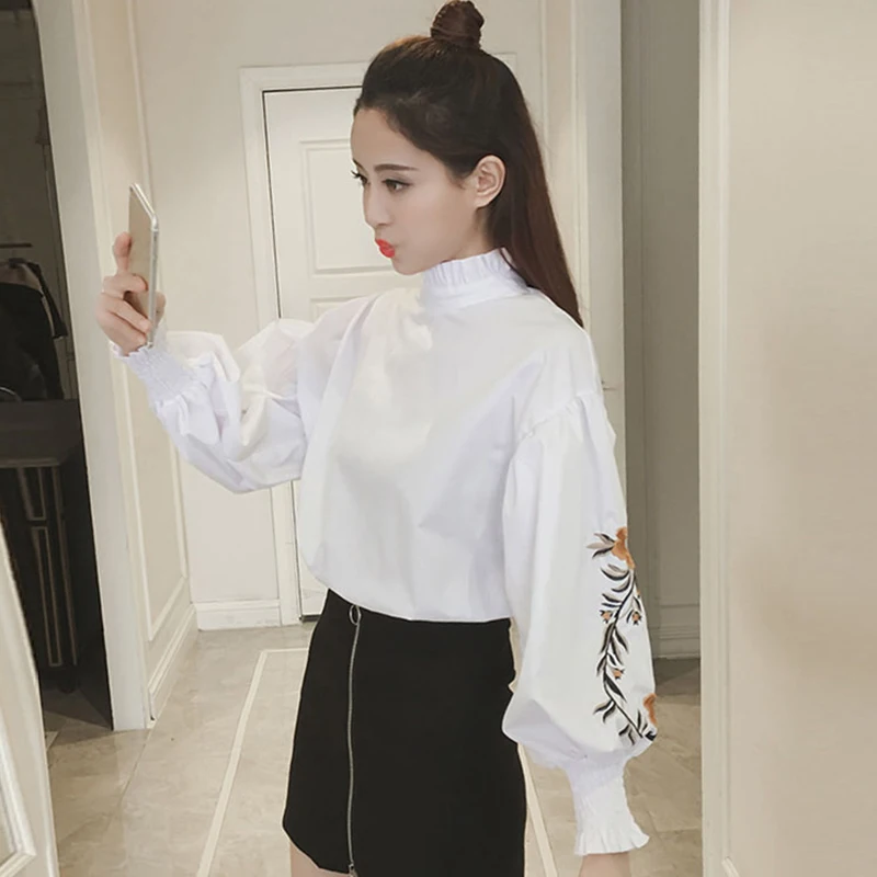 Women Blouses Solid Embroidery Ruffled Stand Collar Full Length Lantern Sleeves Woman Shirts 2019 Flower Loose Casual Female Top