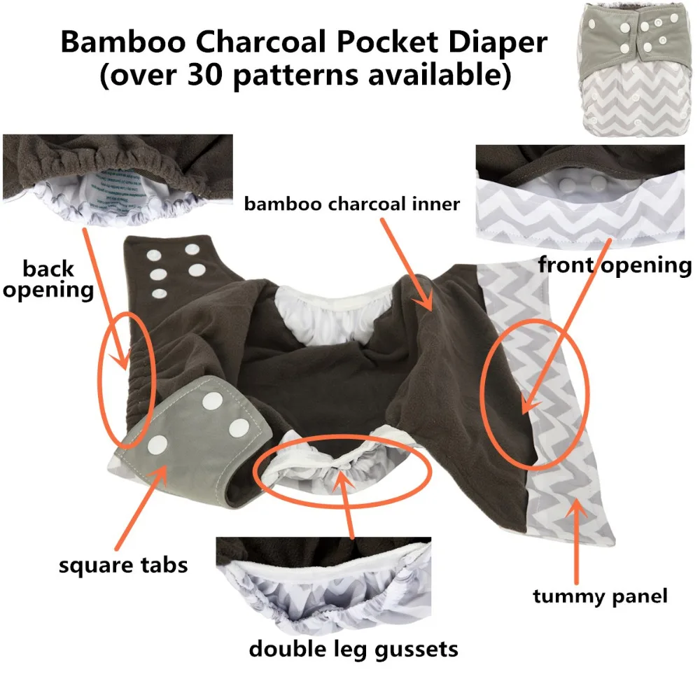 Cloth Diapers 1 Charcoal Bamboo Baby Cloth Diaper Nappy Washable Reusable Double Gusset 3-15kg 8-36lbs NO INSERT