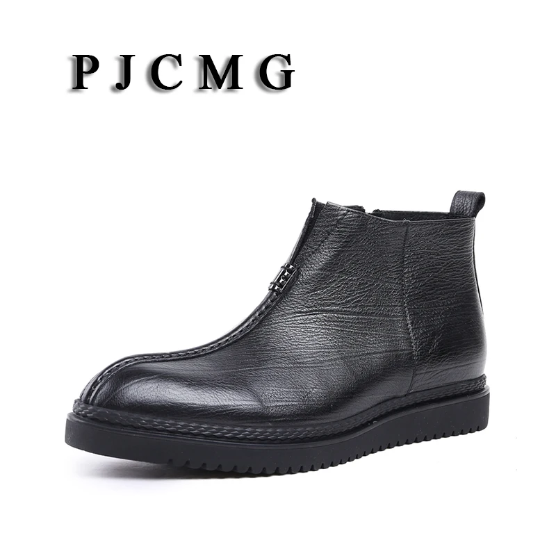 PJCMG High Quality Men Boots Black Slip On Ankle Rubber Casual Genuine