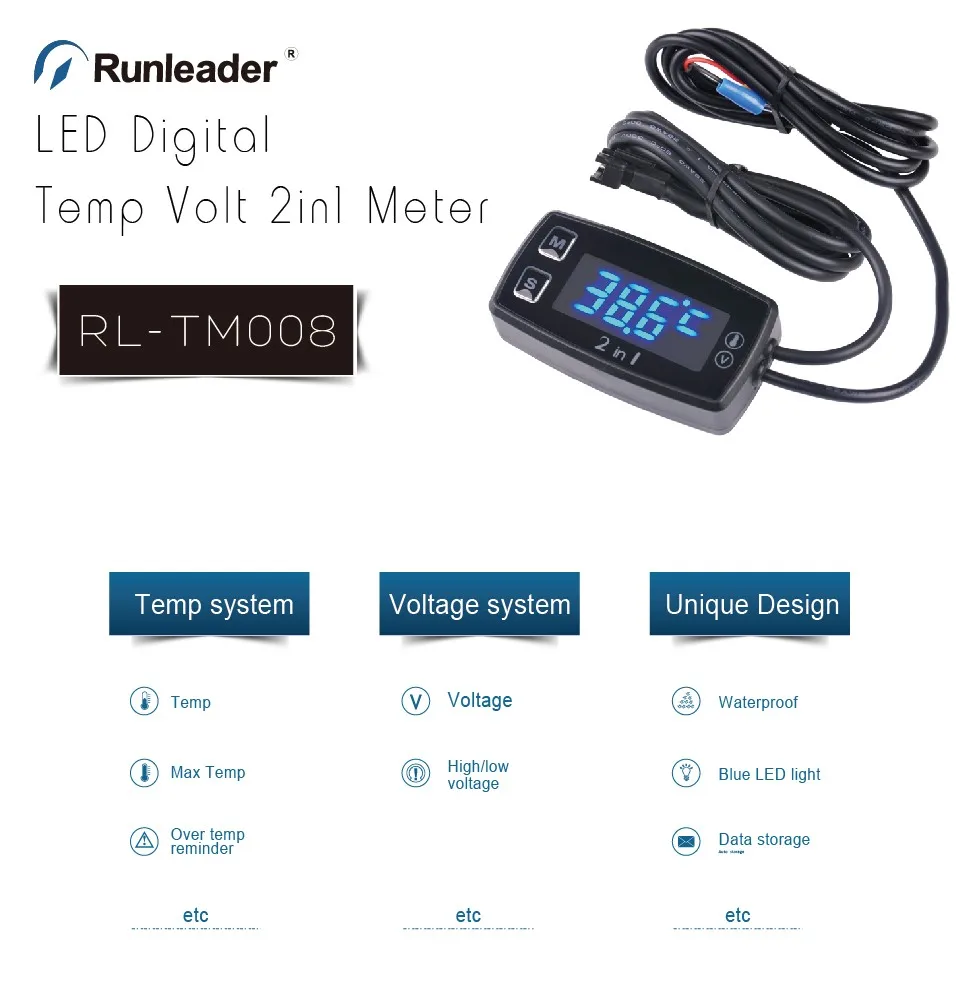 Runleader TM006 Celsius RL-Sensore temperatura Termometro con display retroilluminato per ATV UTV dirtbike motobike Bike It pitbike PWC outboards snowmobile barca impermeabile 