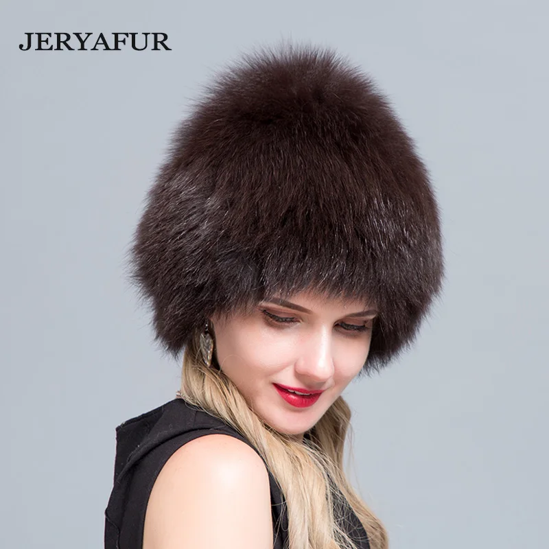 JERYAFUR новые русские кепки «Бомер» женские зимние меховые шапки из натурального Лисьего меха вязаные женские шапки из меха серебристой лисы