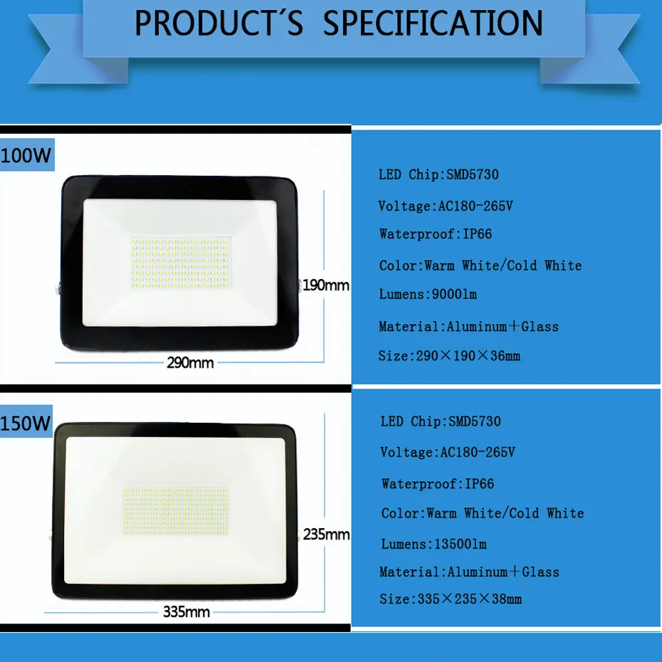 Светодиодный exterieur IP66 10 30 50 100 150 Вт прожектор отражатель AC180 265V SMD 5730 чип led 220